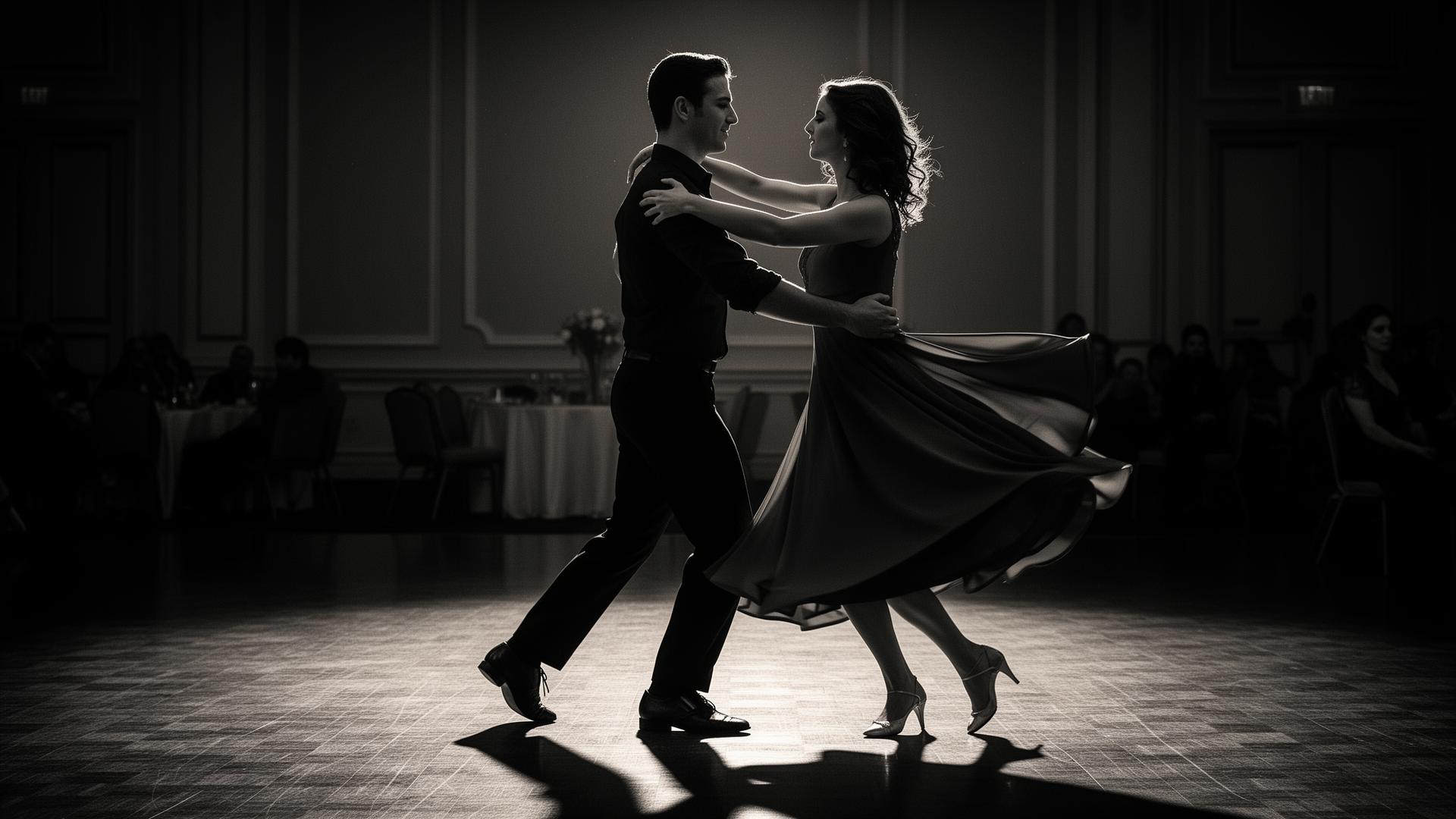 Elegant couple dancing west coast swing in a refined ballroom with dramatic lighting