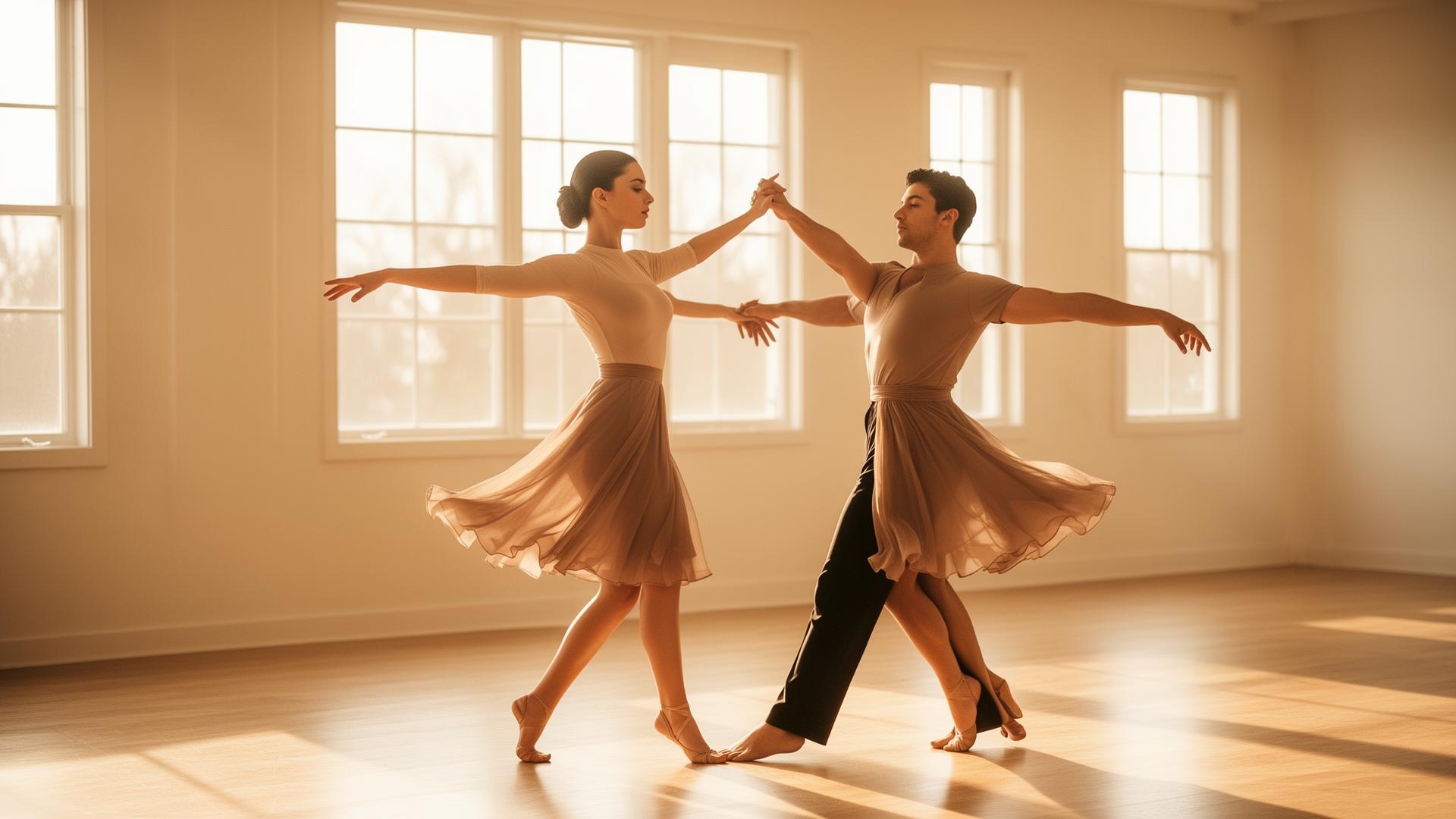 Two dancers gracefully connected in a bright, airy studio with warm natural light