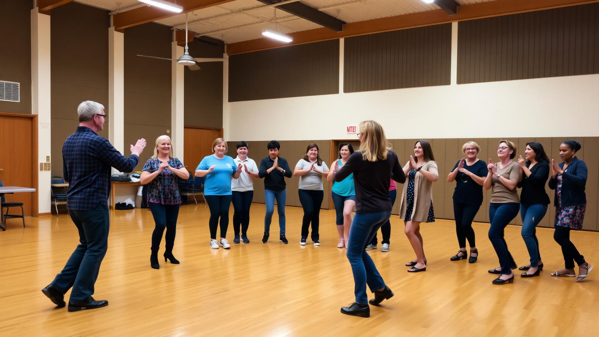 West Coast Swing group class with instructor demonstrating to smiling beginners in Pittsburgh