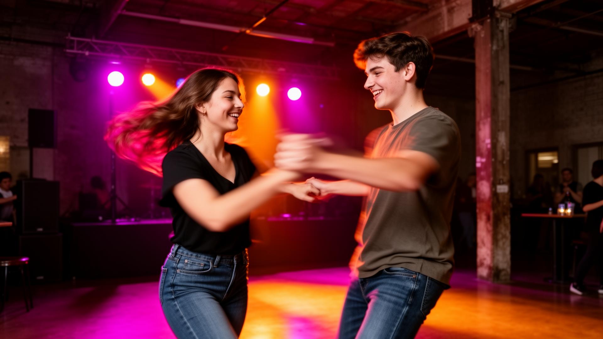 Two dancers social dancing west coast swing under magenta and orange stage lights
