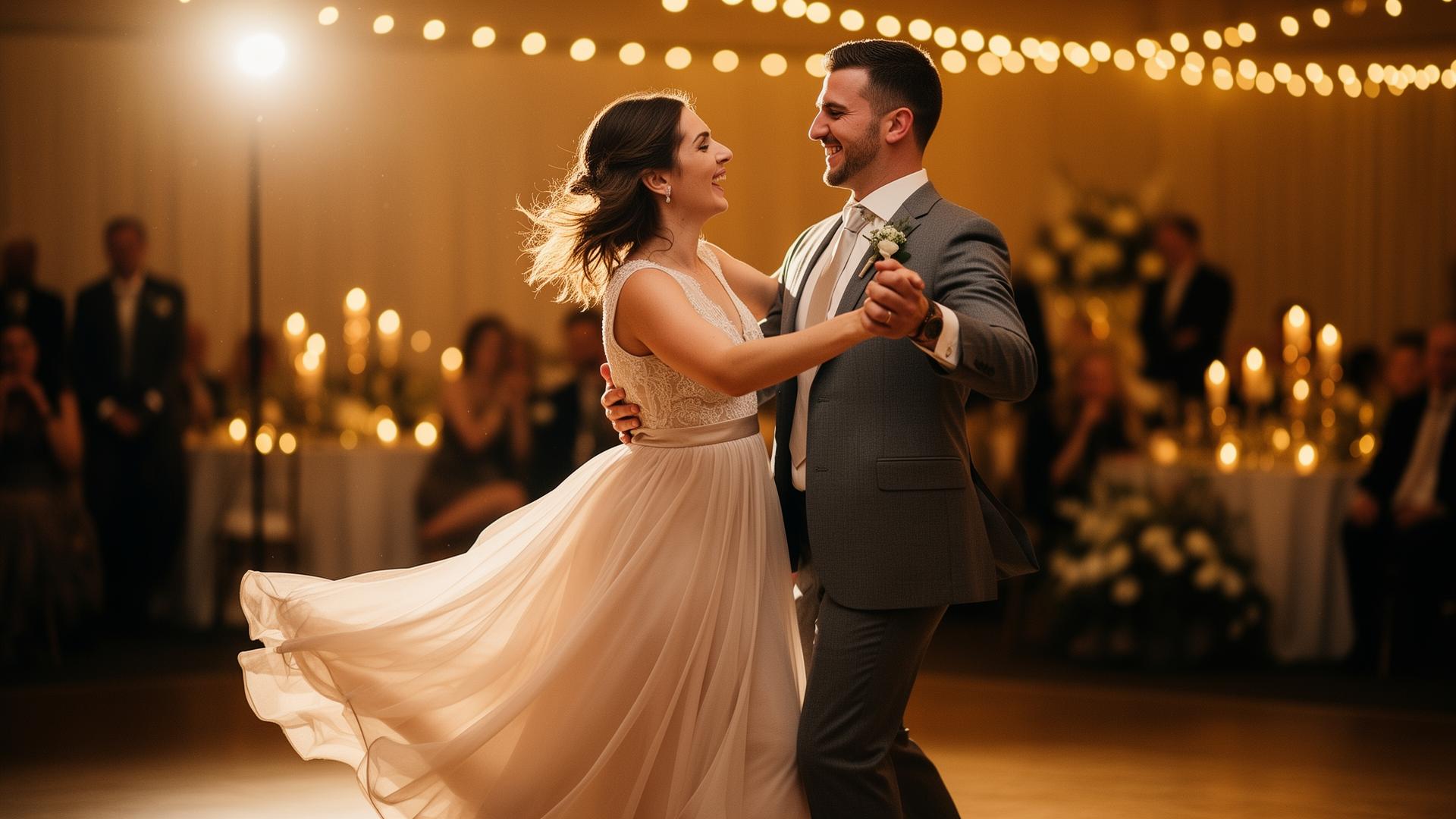 A romantic couple dancing at a warm, candlelit wedding reception